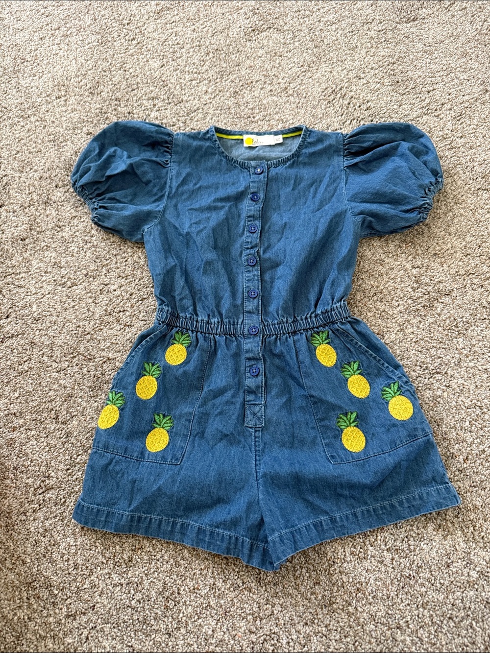 Boden Girls denim romper with embroidered pineapples 5-6Y